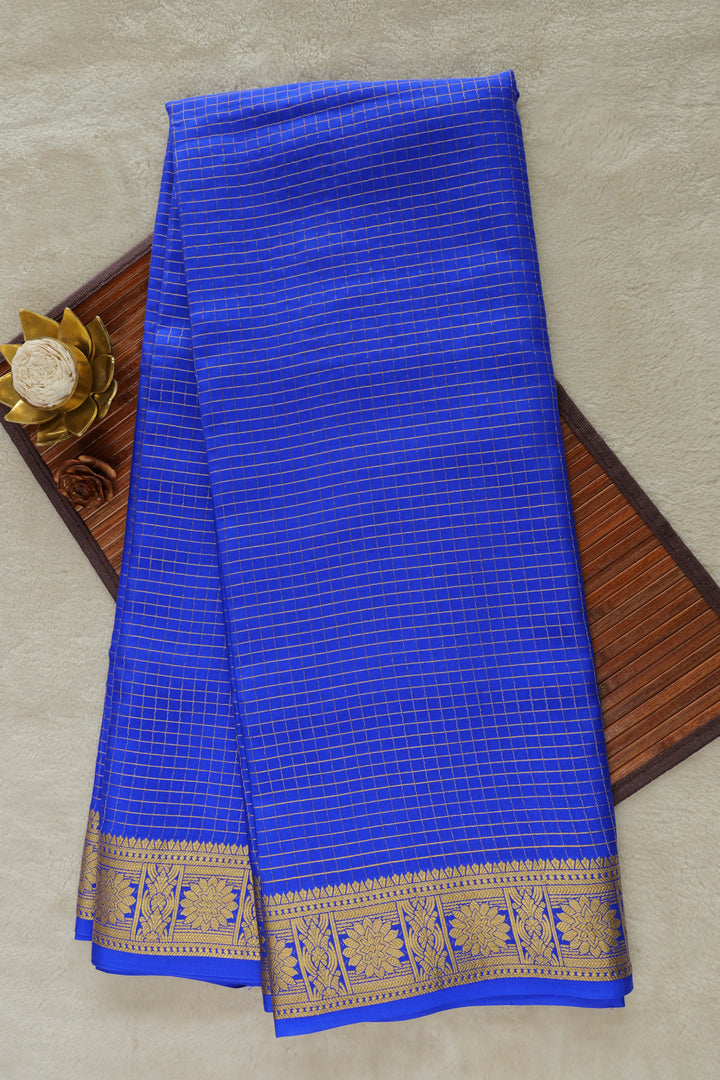 Royal blue Mysore Silk saree with gold border and checked body