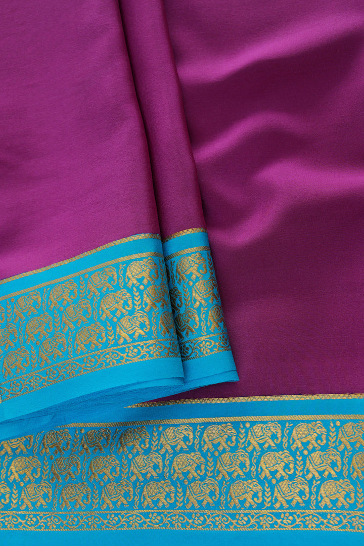 Royal purple Mysore silk saree with contrast blue border and golden weaving