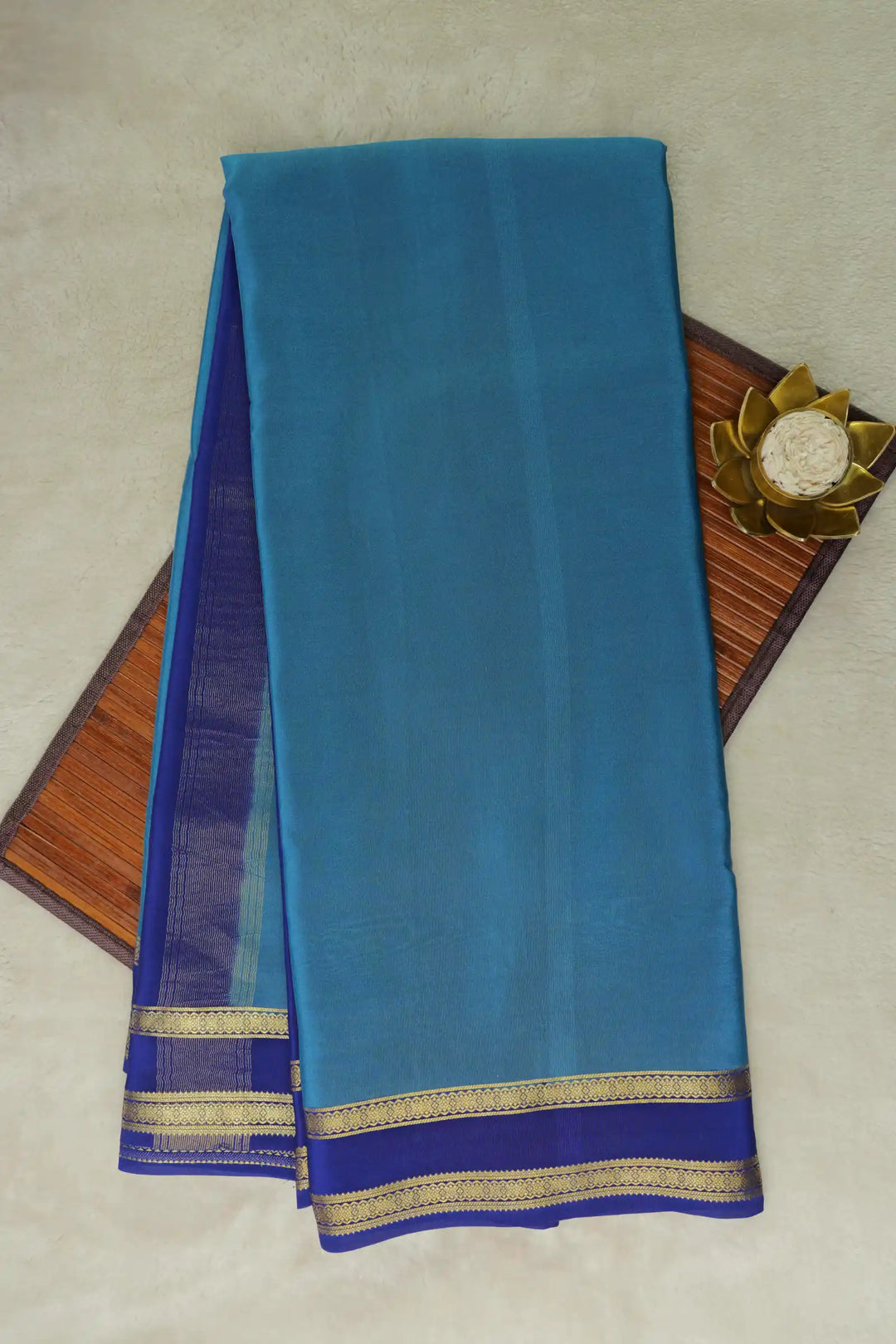 Sky Blue Mysore Silk Saree with Navy Blue Border and Gold Zari