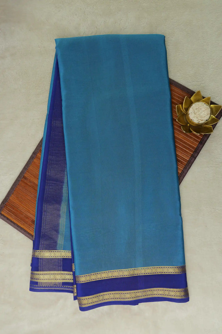 Sky Blue Mysore Silk Saree with Navy Blue Border and Gold Zari