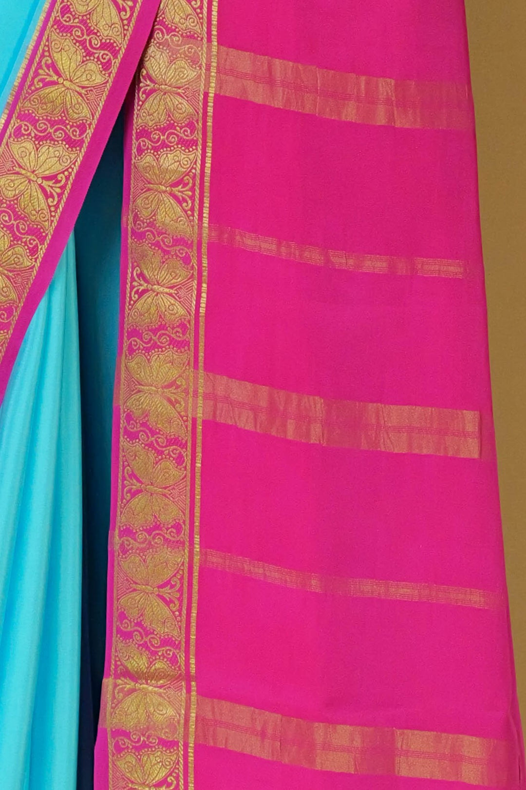 Sky blue Mysore silk saree with pink pallu – Atharva