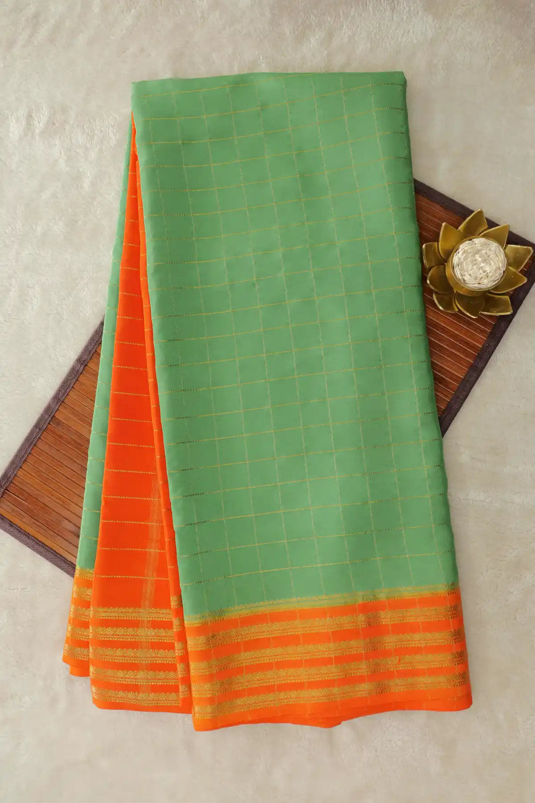 Small Checks Mysore Silk Sarees In Green and Orange Color