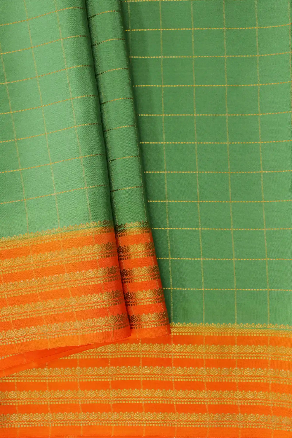 Small Checks Mysore Silk Sarees In Green and Orange Color with Golden Stripe Border 