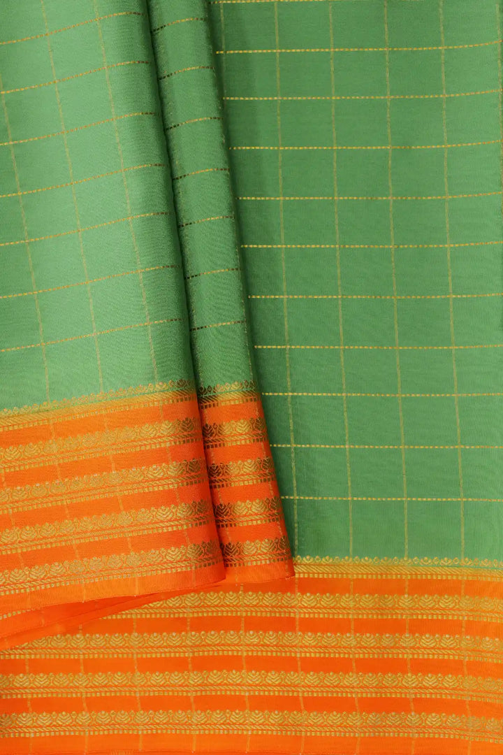Small Checks Mysore Silk Sarees In Green and Orange Color with Golden Stripe Border 