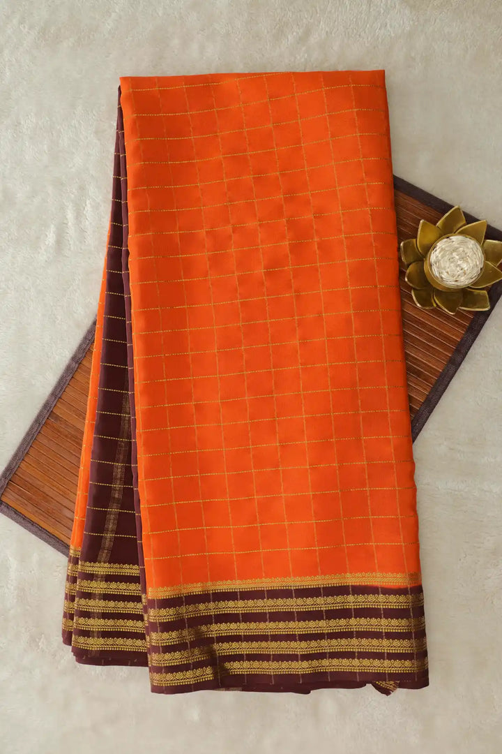 Small Checks Mysore Silk Sarees In Orange and Brown Color
