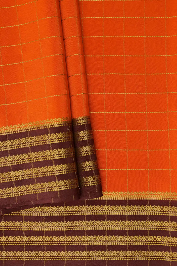 Small Checks Mysore Silk Sarees In Orange and Brown Color with Golden Stripe Border