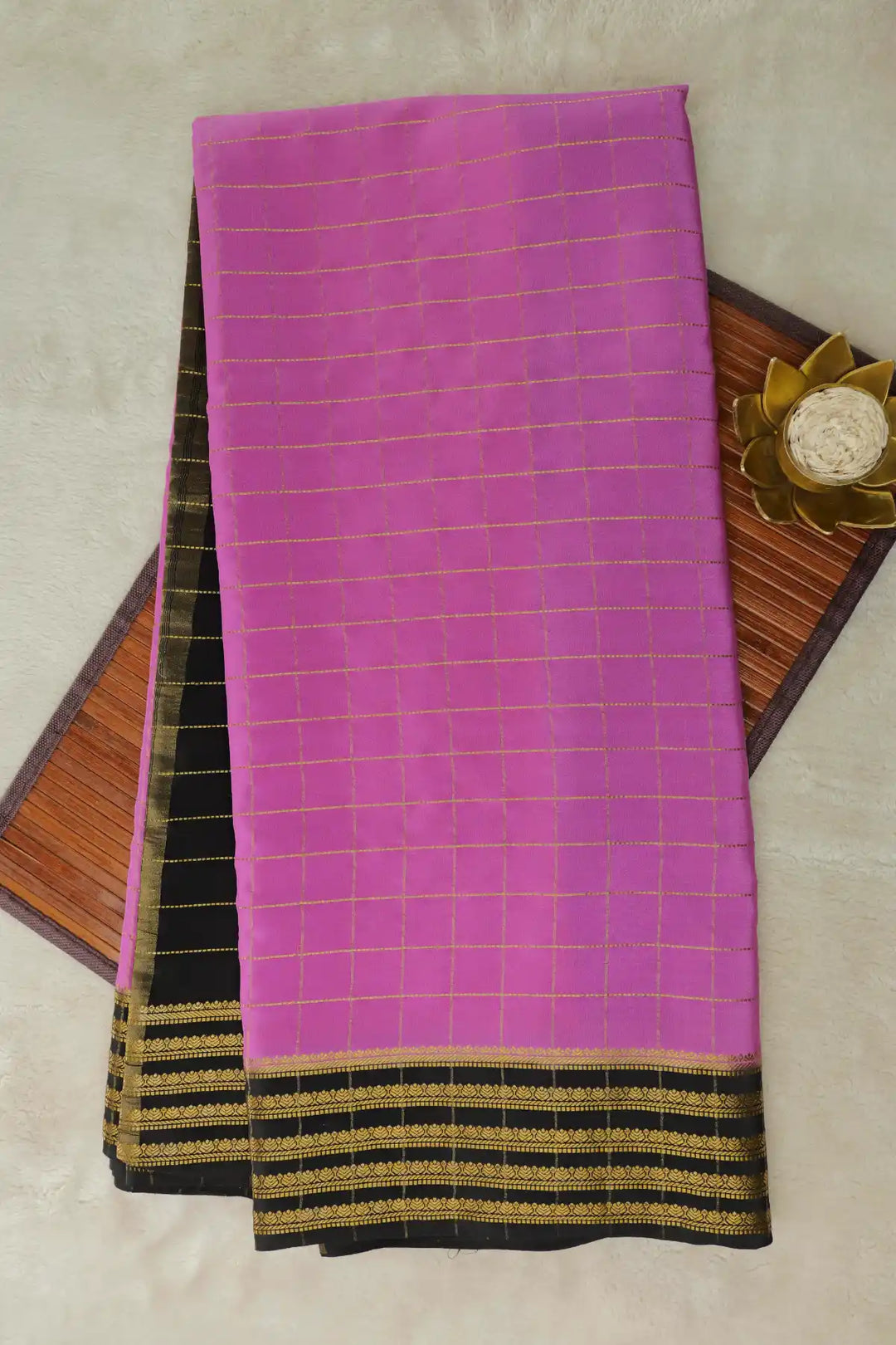 Small Checks Mysore Silk Sarees In Pink and Black Color