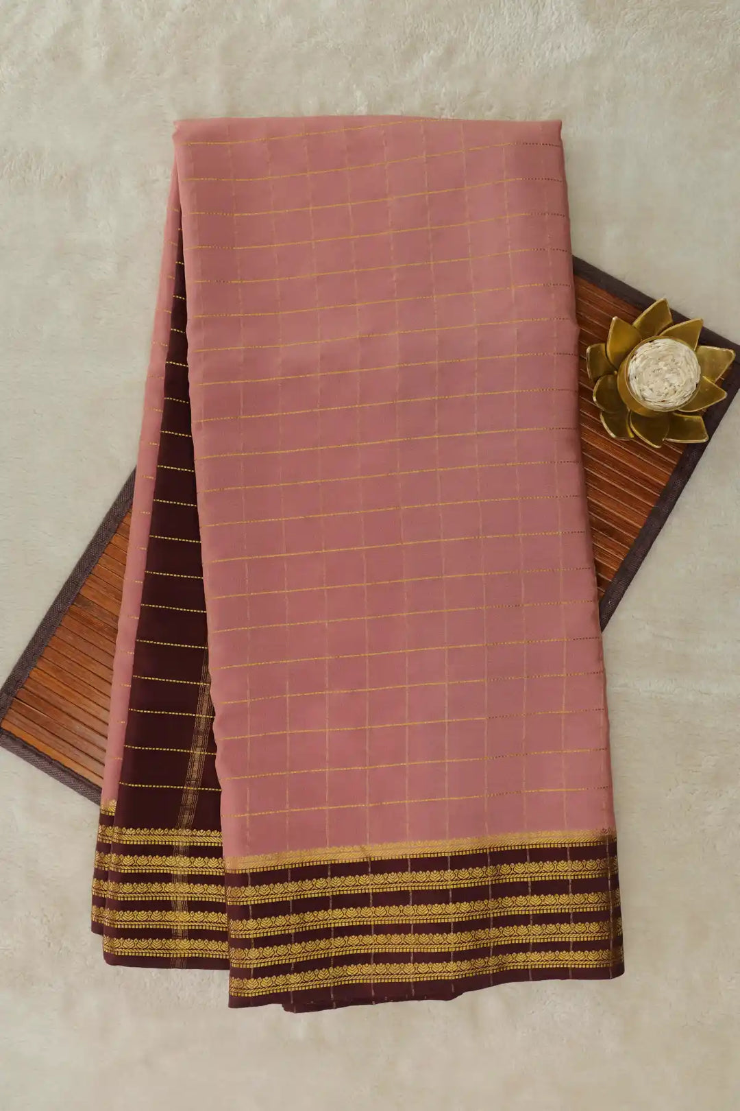 Small Checks Mysore Silk Sarees In Pink and Brown Color
