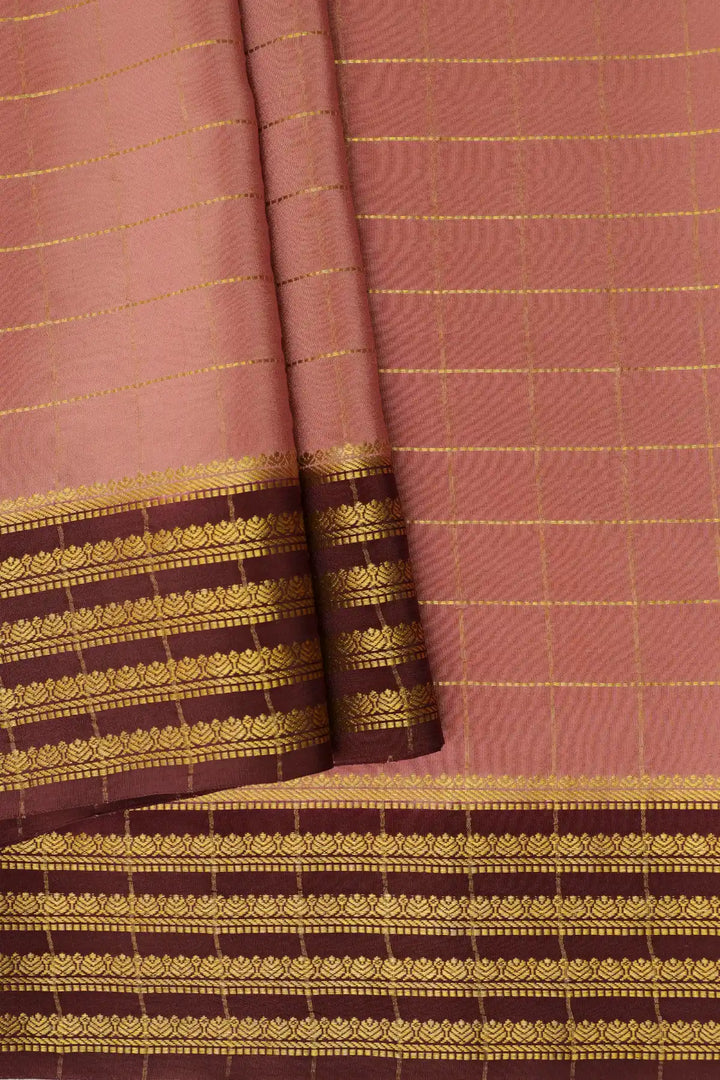 Small Checks Mysore Silk Sarees In Pink and Brown Color Golden Stripe Border