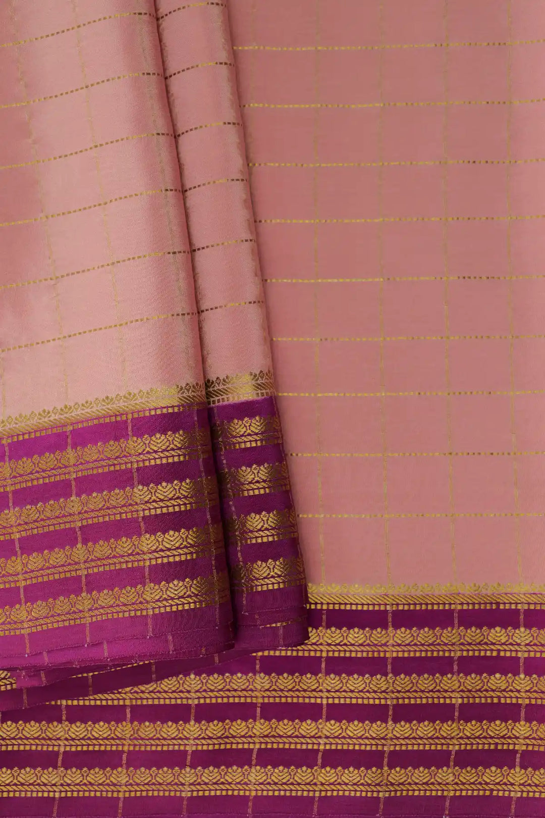 Small Checks Mysore Silk Sarees In Pink and Purple Color with Golden Stripe Border