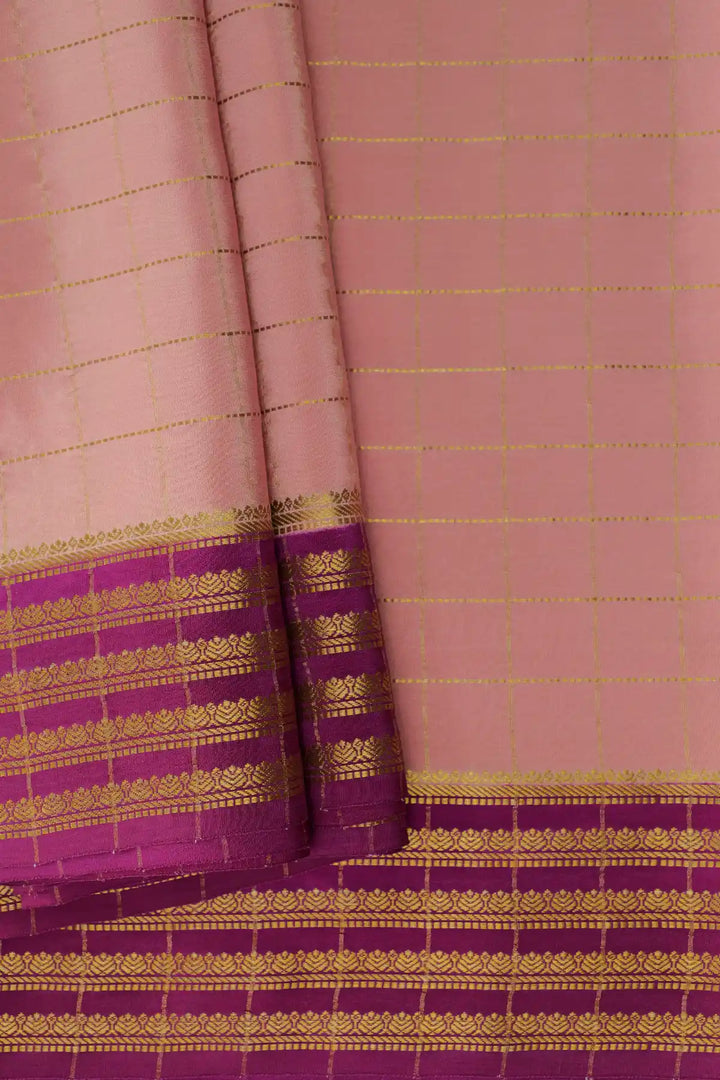 Small Checks Mysore Silk Sarees In Pink and Purple Color with Golden Stripe Border