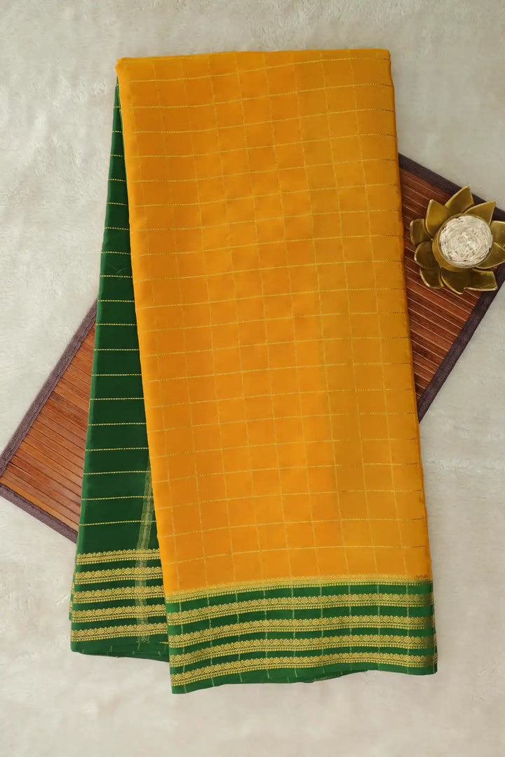 Small Checks Mysore Silk Sarees In Yellow and Greeen Color 