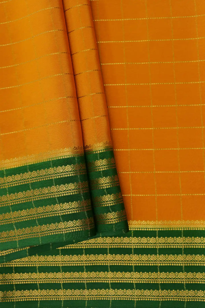 Small Checks Mysore Silk Sarees In Yellow and Greeen Color with Contrast Green Blouse