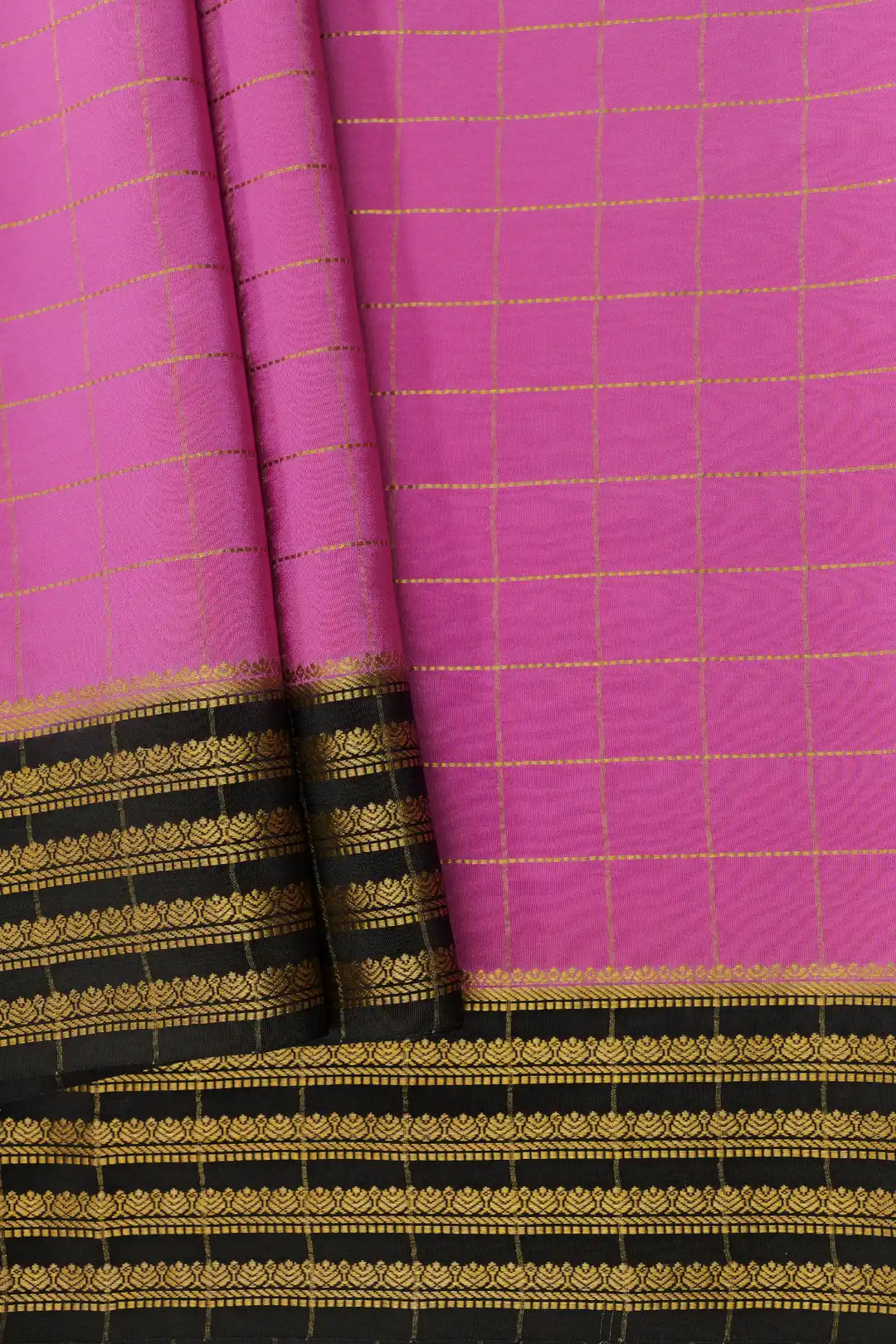  Small Checks Pink and Black Color Mysore Silk New Collection Sarees