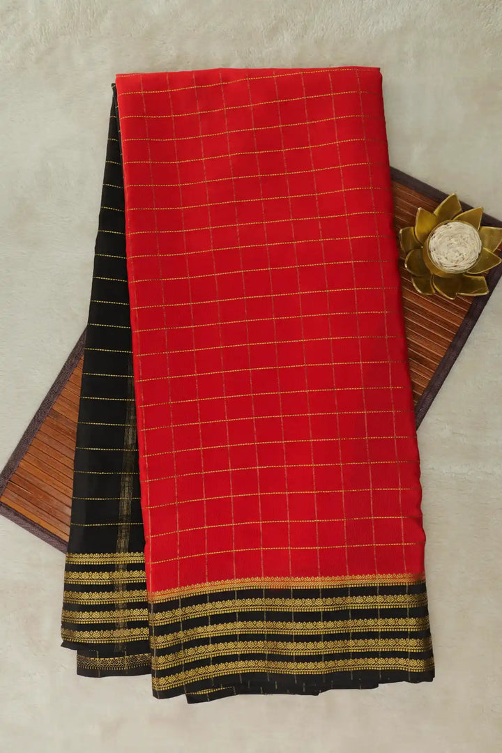  Small Checks Red Mysore Silk Saree with Black Gold Border