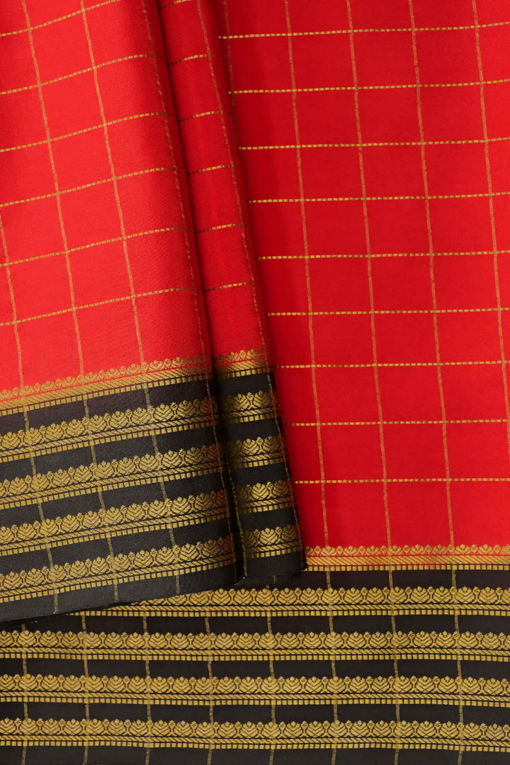 Small Checks Red Pure Mysore Silk Saree with Black Gold Border