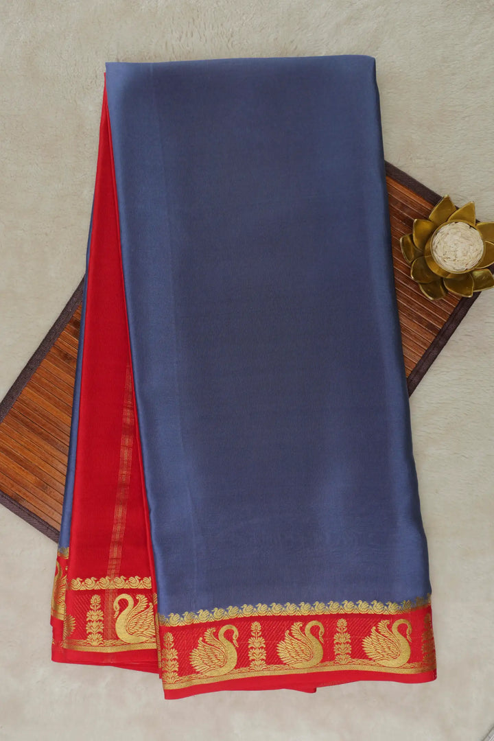 Swan Border Pure Mysore Silk Saree in Grey with Contrast Red Color Blouse