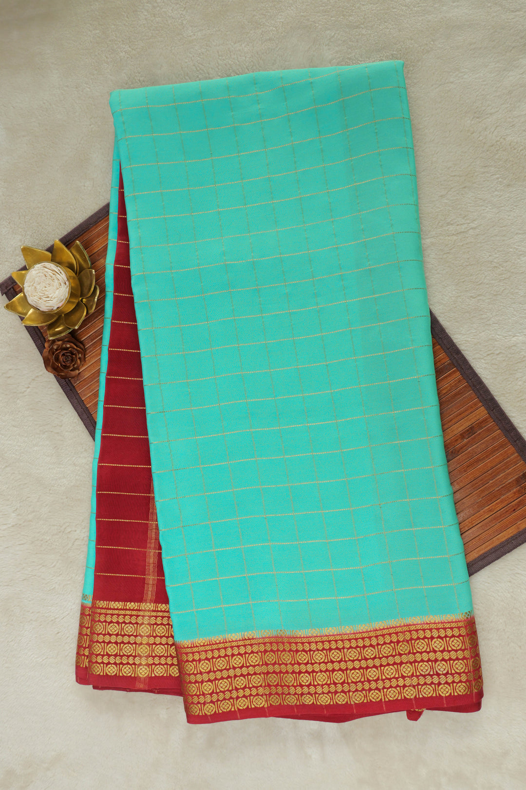 TURQUOISE BLUE WITH RED BOTTOM IN MYSORE SILK SAREES