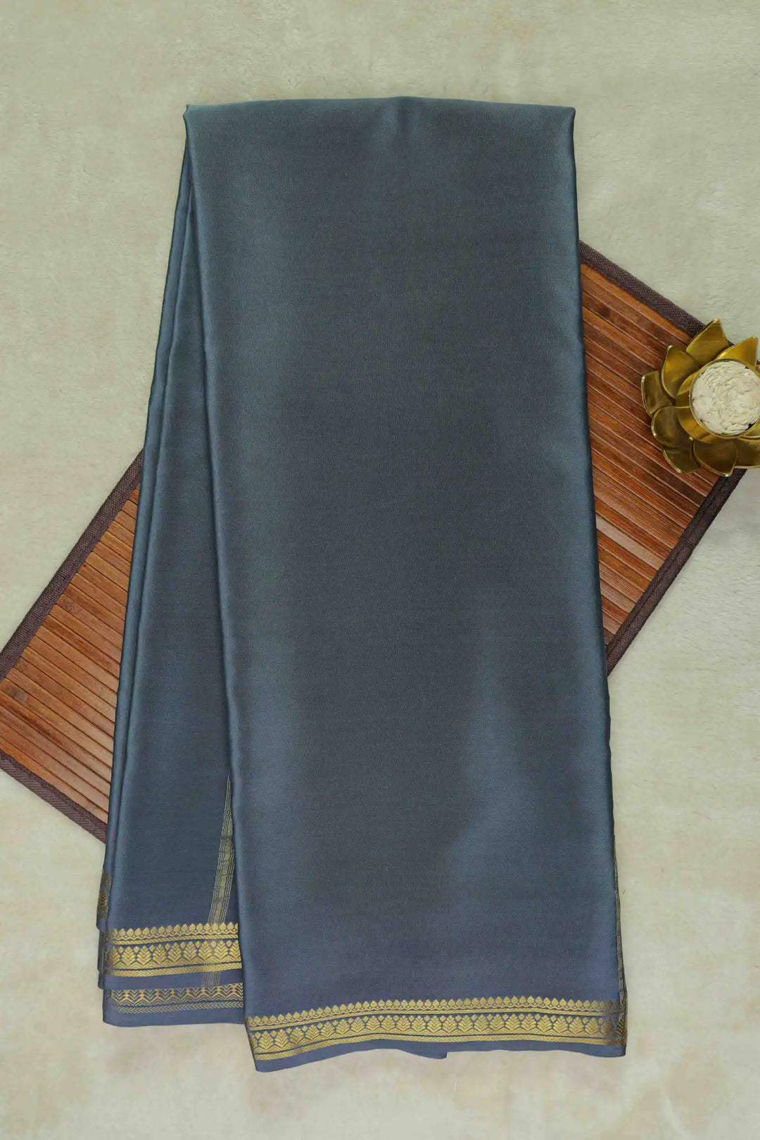 Teal blue Mysore Silk Saree with golden zari border 