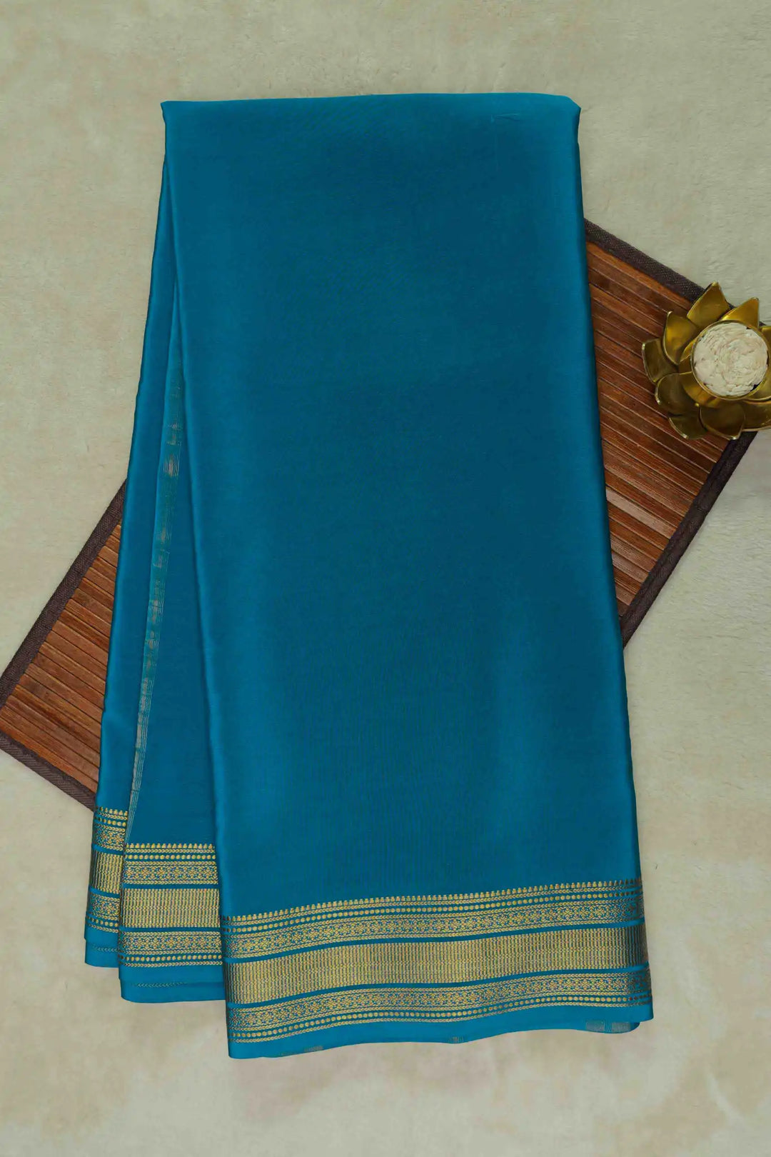 Teal blue Mysore Silk Sarees with golden zari border