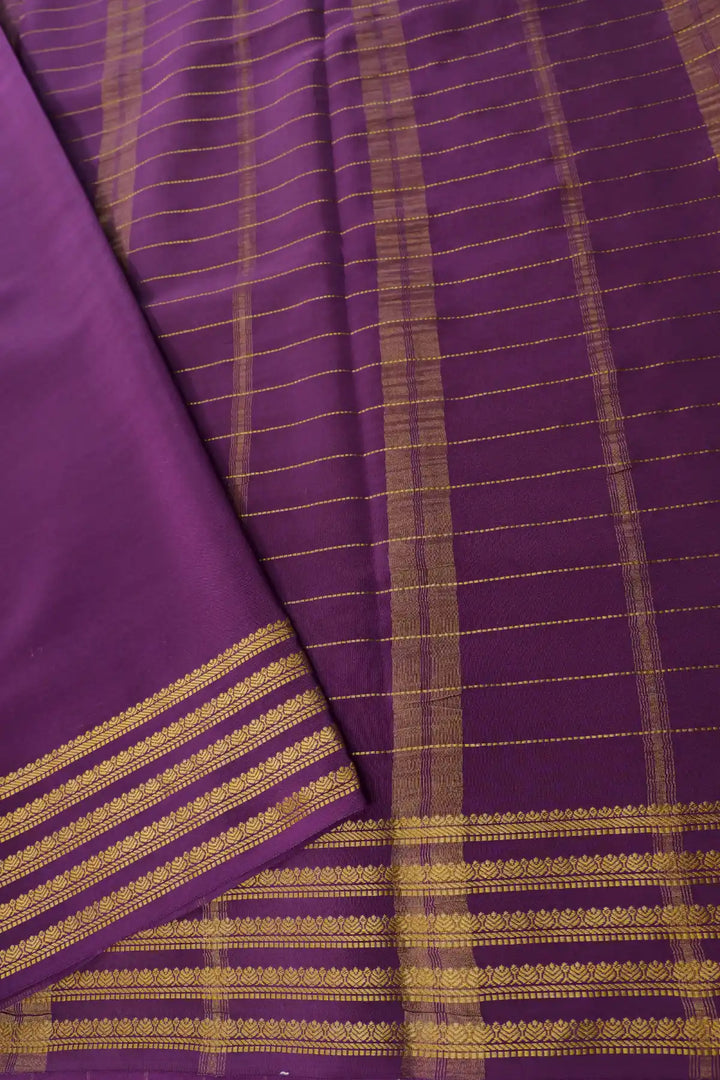 Traditional Mysore silk saree with contrast purple striped pallu