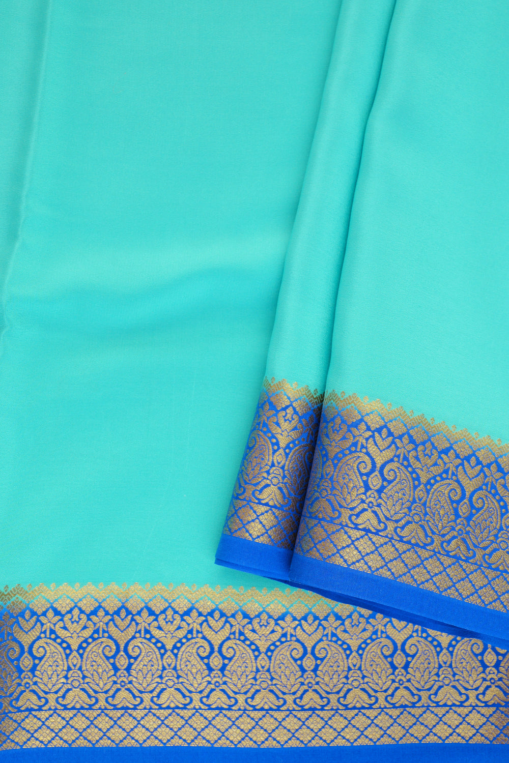 Turquoise Mysore Silk Saree with blue border and golden zari