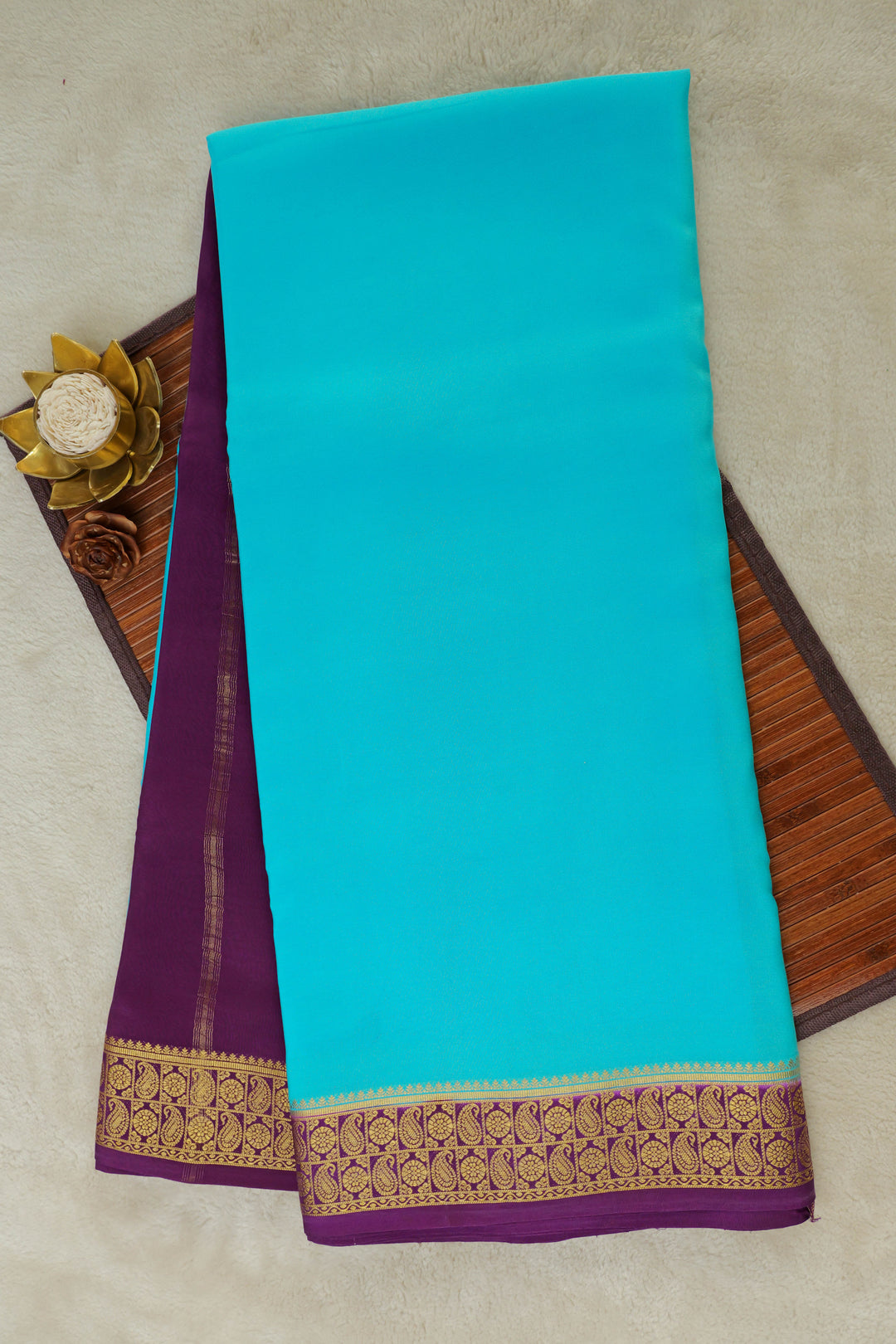 Turquoise Mysore Silk Saree with purple and gold border