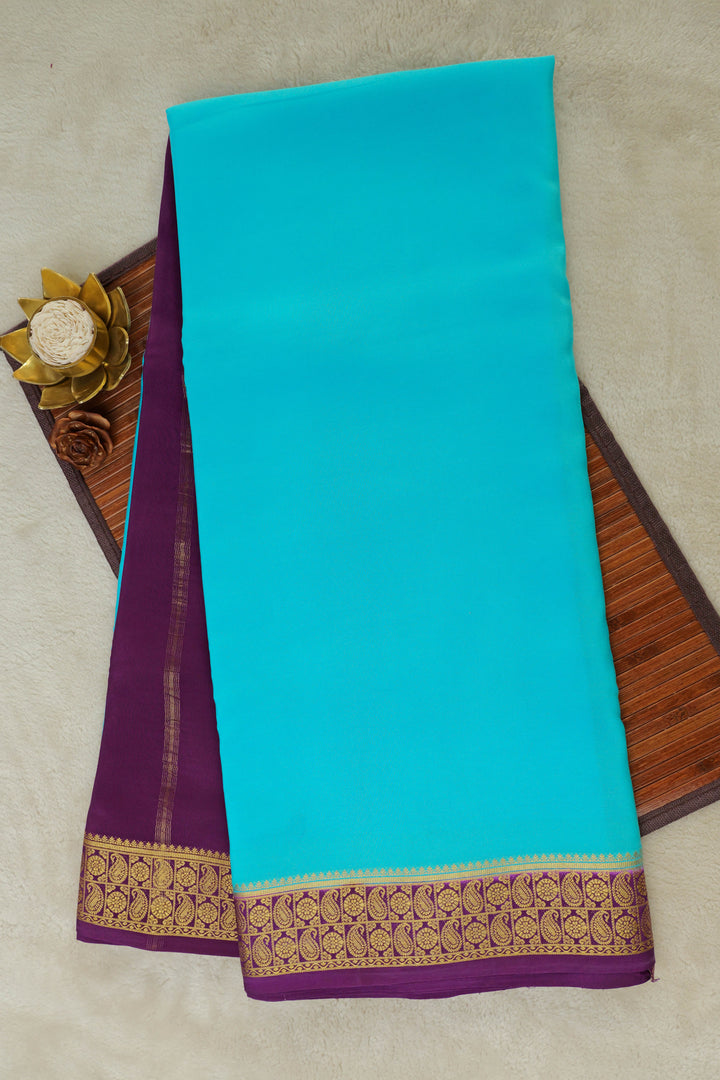 Turquoise Mysore Silk Saree with purple and gold border