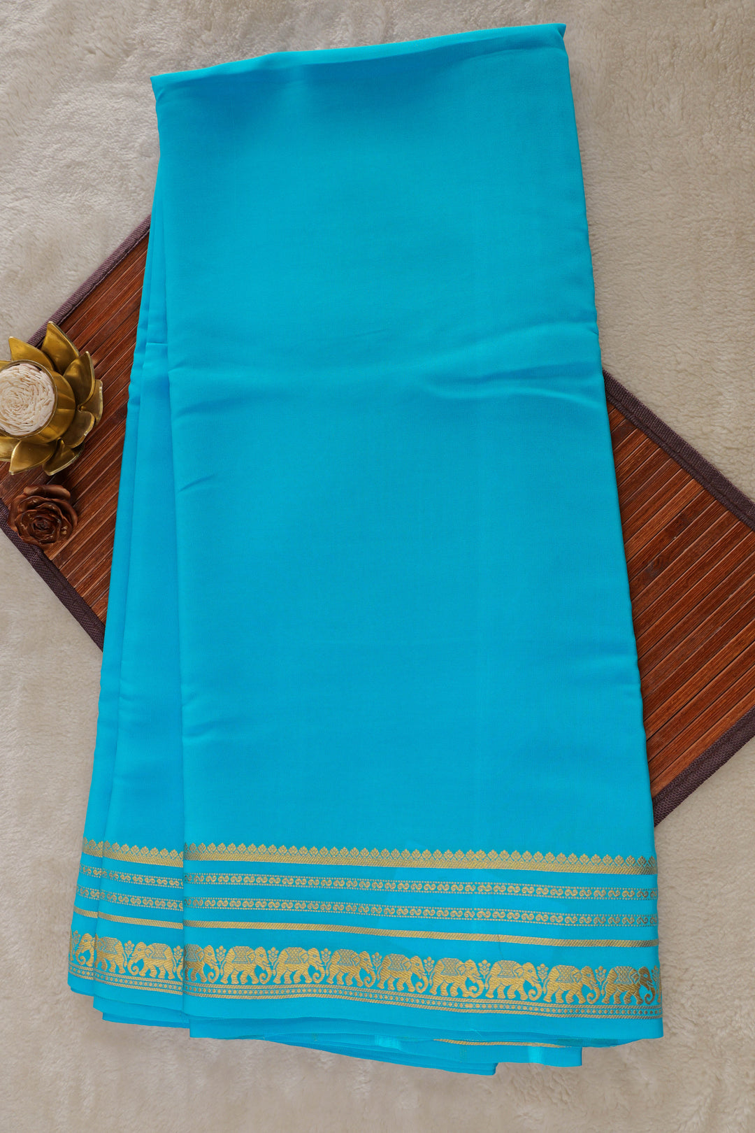 Turquoise Mysore silk saree with gold zari border