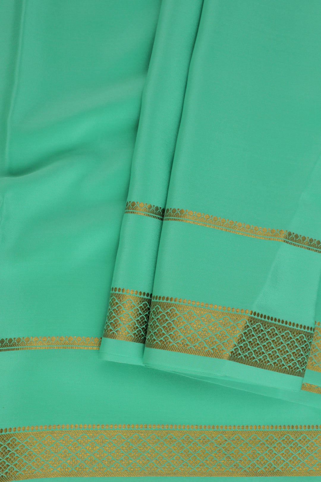 Turquoise pure Mysore silk saree with gold zari borde