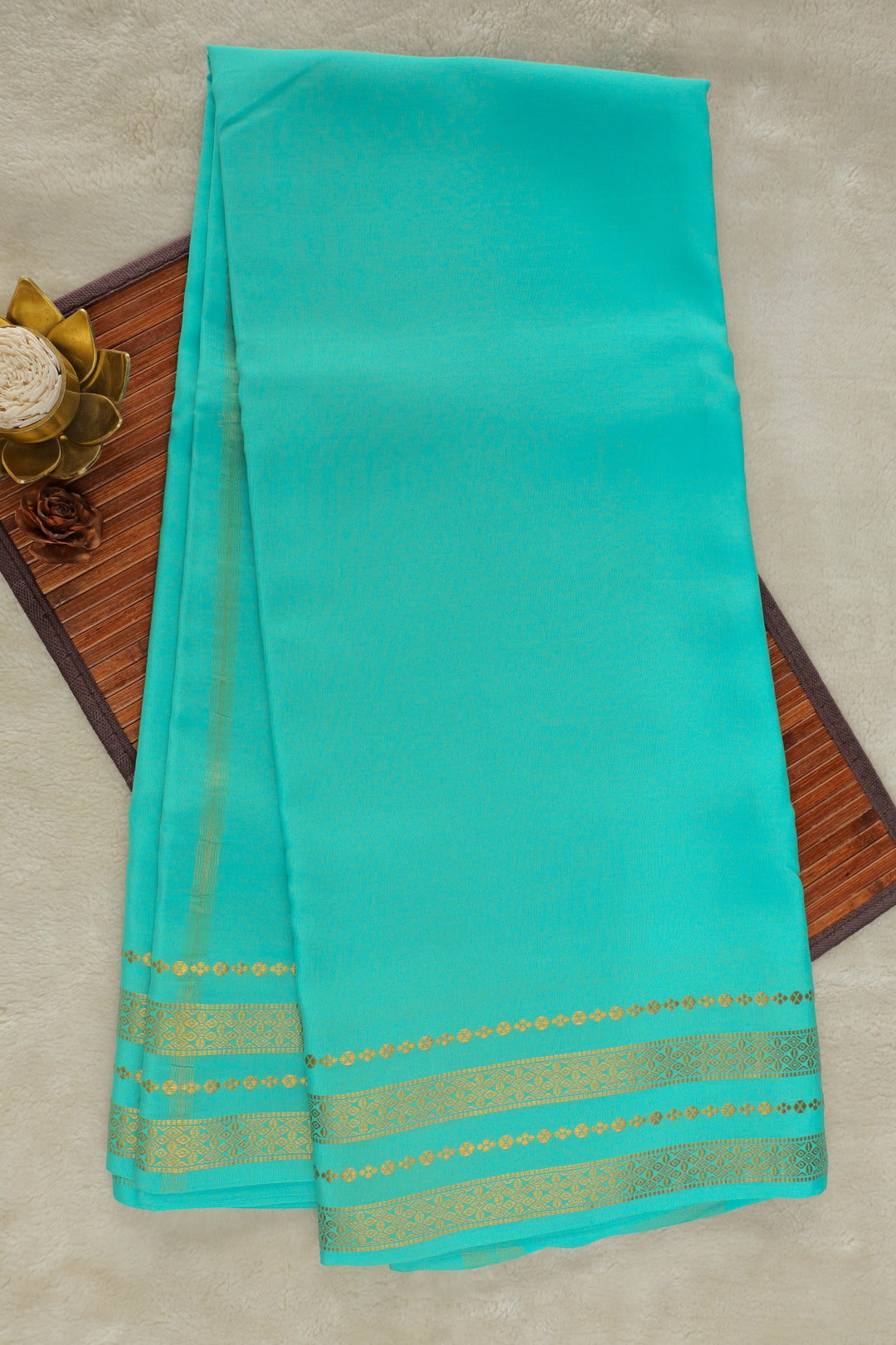 Turquoise pure Mysore silk saree with golden zari border