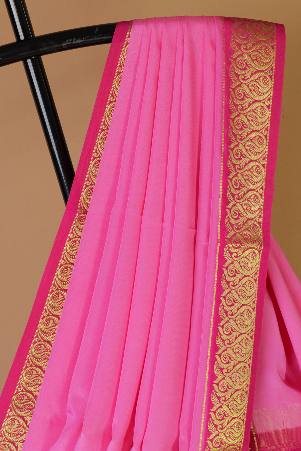 Two-tone pink Mysore silk saree with gold border