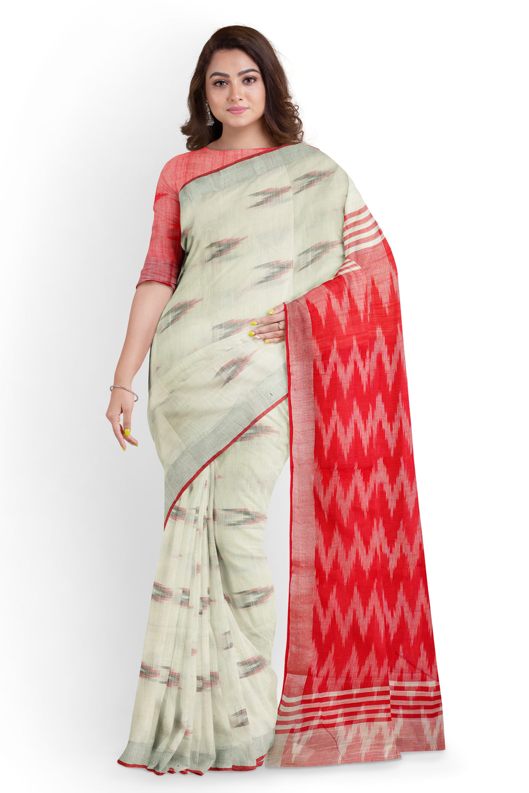 WHITE COLOUR BLENDED CHANDERI COTTON BANARASI HANDLOOM SAREE - ATHARVA