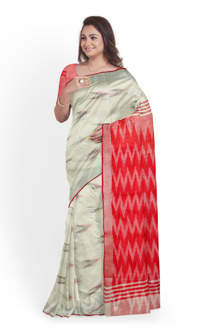 WHITE COLOUR BLENDED CHANDERI COTTON BANARASI HANDLOOM SAREE - ATHARVA