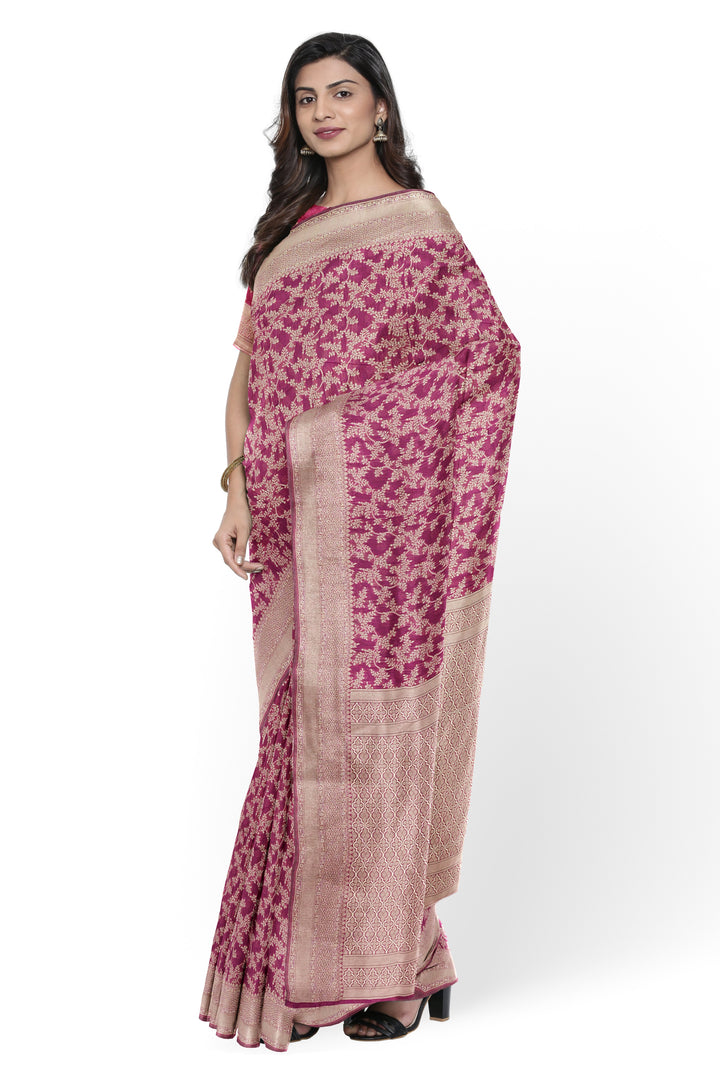 WINE COLOUR BLENDED COTTON SADA BANARASI HANDLOOM SAREE - ATHARVA