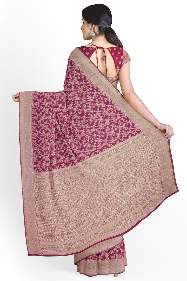 WINE COLOUR BLENDED COTTON SADA BANARASI HANDLOOM SAREE - ATHARVA