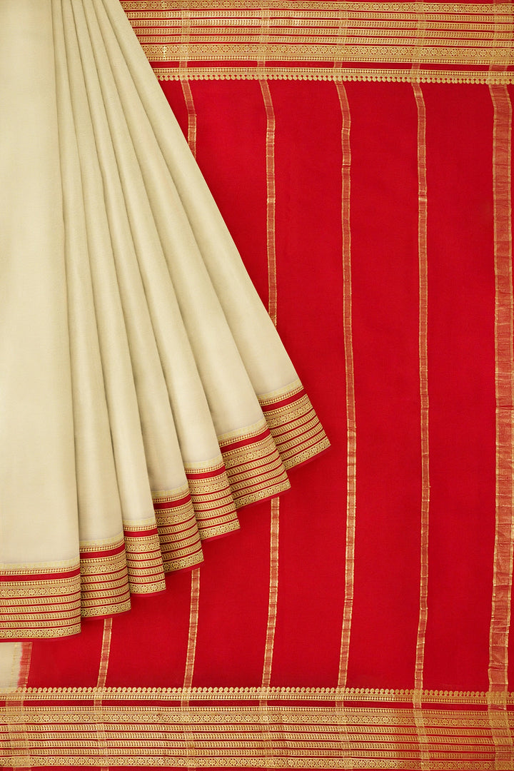 Cream White Pure Mysore Crepe Silk Saree | SILK MARK CERTIFIED