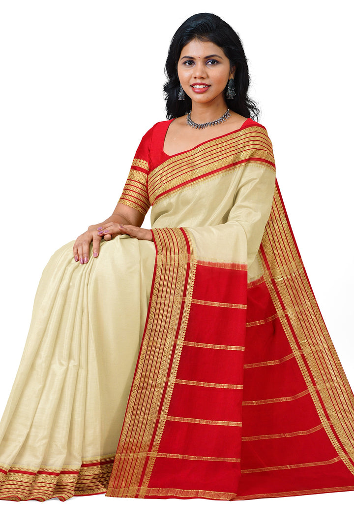 Cream White Pure Mysore Crepe Silk Saree | SILK MARK CERTIFIED