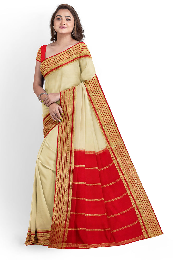 Cream White Pure Mysore Crepe Silk Saree | SILK MARK CERTIFIED