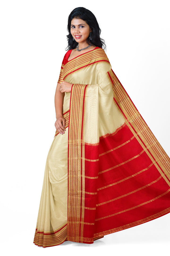 Cream White Pure Mysore Crepe Silk Saree | SILK MARK CERTIFIED