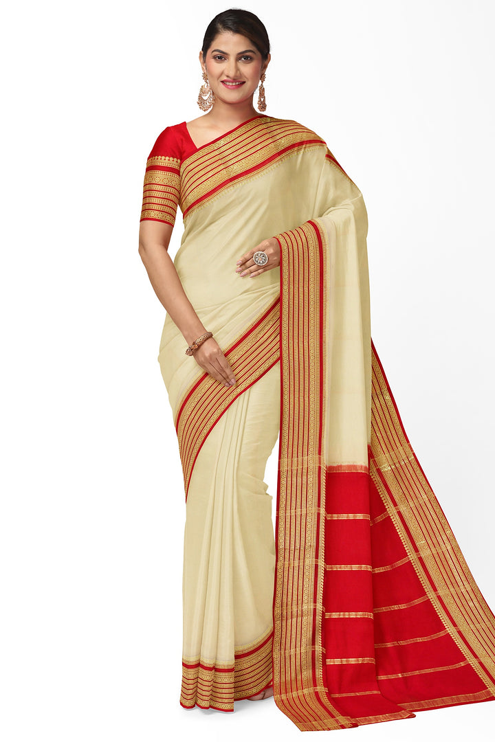 Cream White Pure Mysore Crepe Silk Saree | SILK MARK CERTIFIED