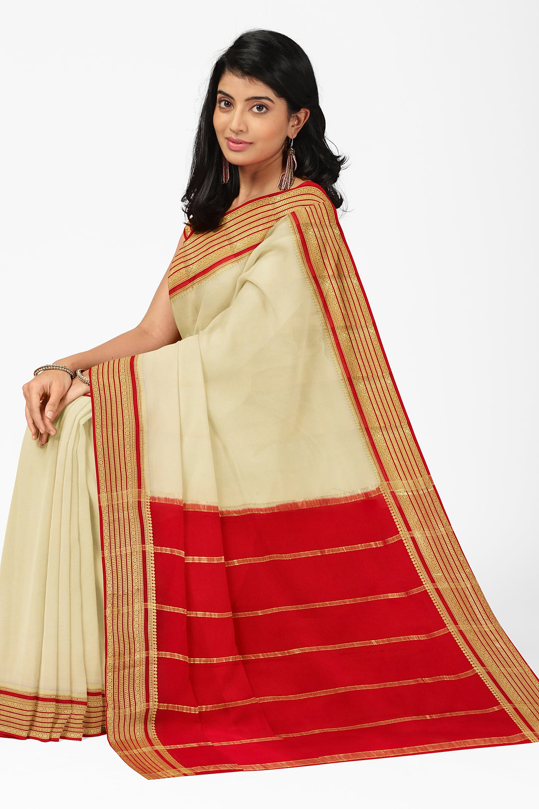 Cream White Pure Mysore Crepe Silk Saree | SILK MARK CERTIFIED