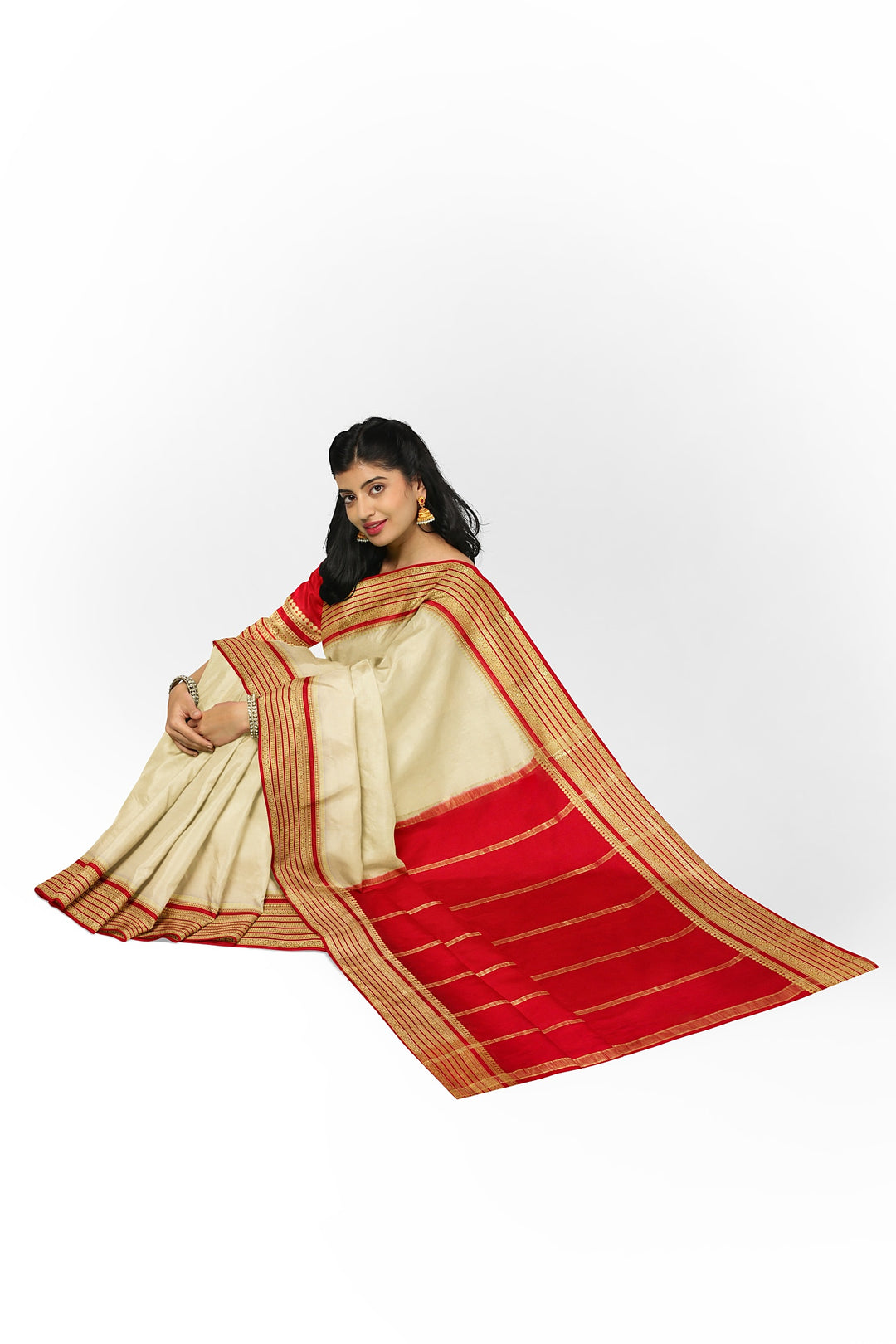 Cream White Pure Mysore Crepe Silk Saree | SILK MARK CERTIFIED