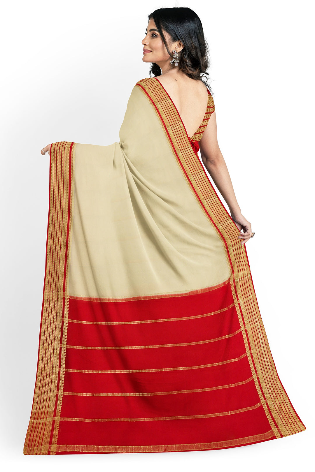 Cream White Pure Mysore Crepe Silk Saree | SILK MARK CERTIFIED