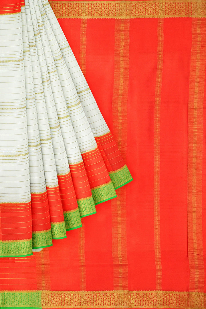 White Pure Mysore Crepe Silk 3D Saree | SILK MARK CERTIFIED