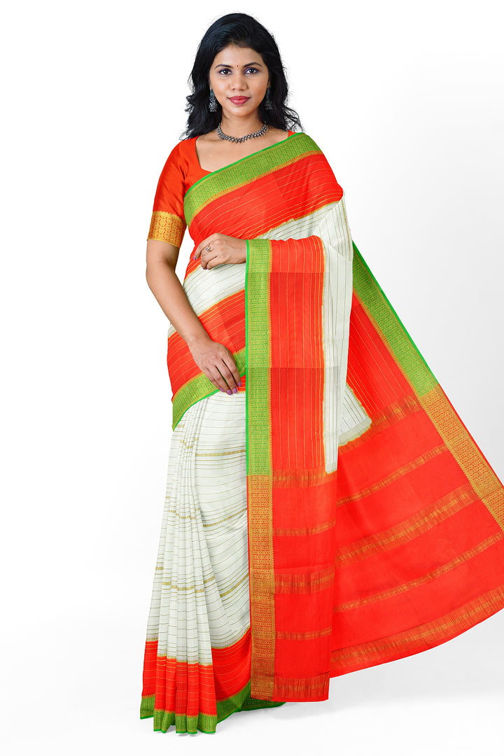 White Pure Mysore Crepe Silk 3D Saree | SILK MARK CERTIFIED