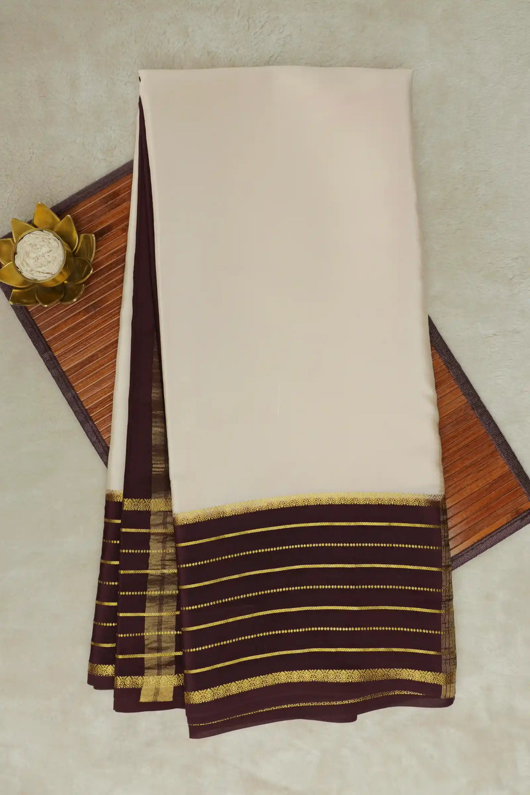 White Mysore Silk Saree with Brown Border and Gold Zari Stripes