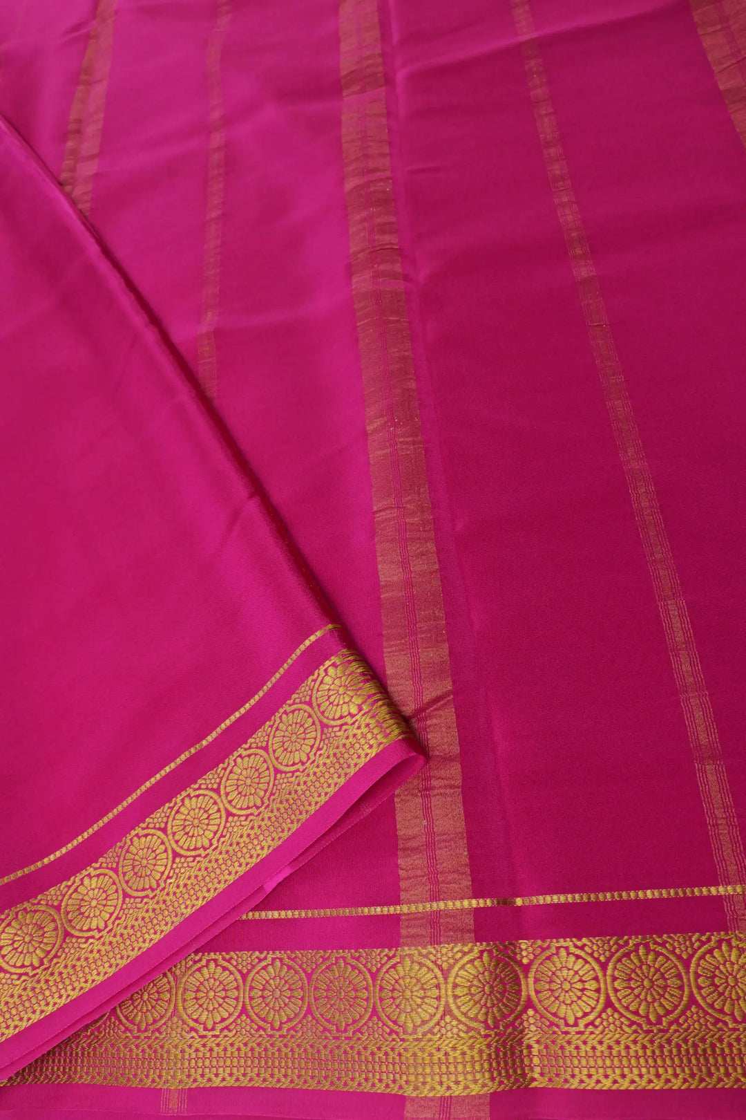 White and Pink Mysore Silk Saree with Flower Border