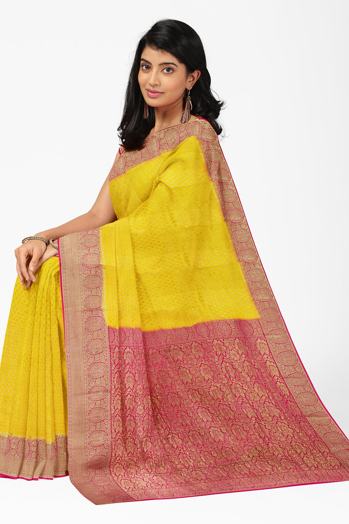 RADIANT YELLOW PURE CREPE MYSORE SILK SAREE WITH BROCADE DETAILING AND CONTRAST BORDER | SILK MARK CERTIFIED