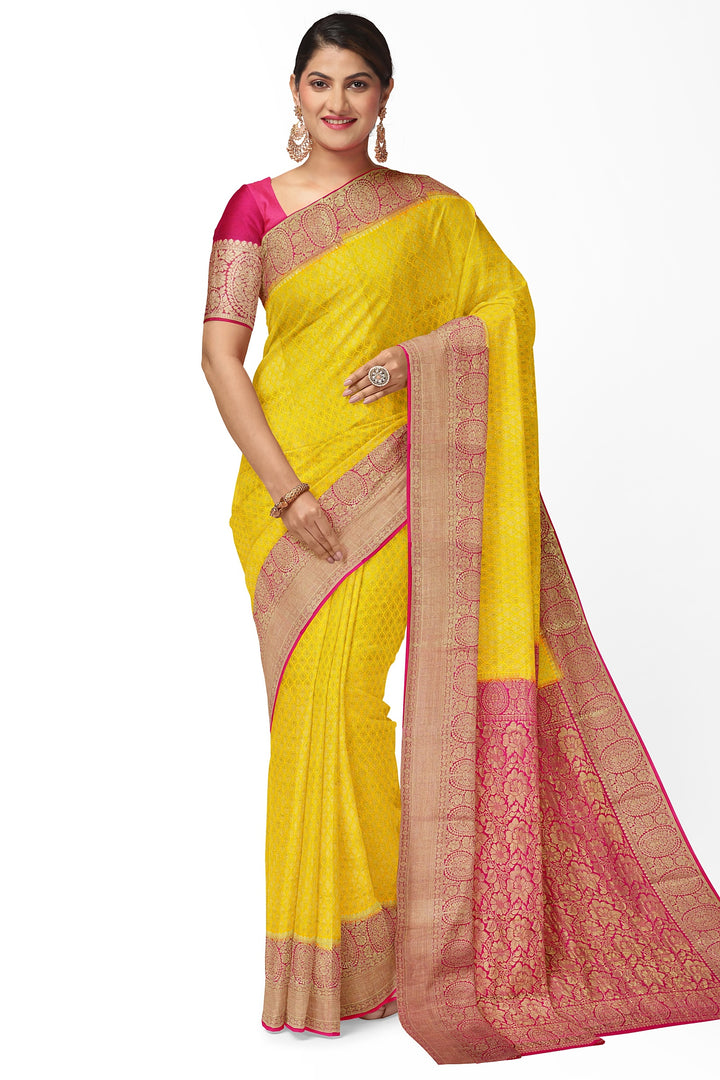 RADIANT YELLOW PURE CREPE MYSORE SILK SAREE WITH BROCADE DETAILING AND CONTRAST BORDER | SILK MARK CERTIFIED